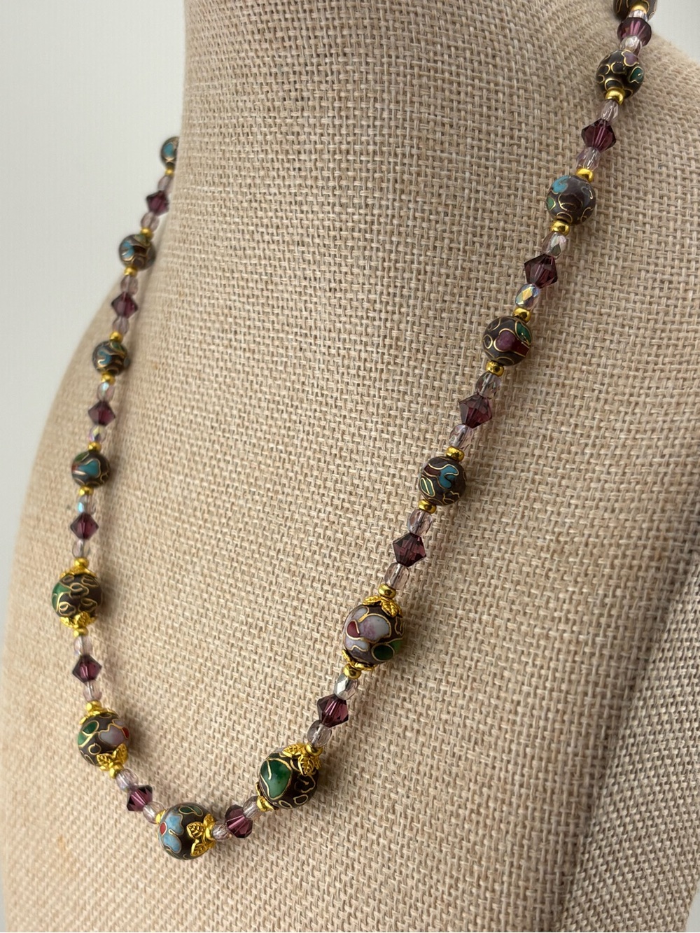 Purple Cloisonné Bead Necklace with Purple Crystal Accents 18-20’ - Picture 2 of 7
